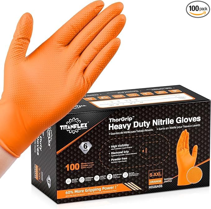 TitanFlex Heavy Duty Orange Nitrile Gloves, 6 Mil, Raised Diamond Texture, Mechanic Disposable Gloves, Latex Free Powder Free