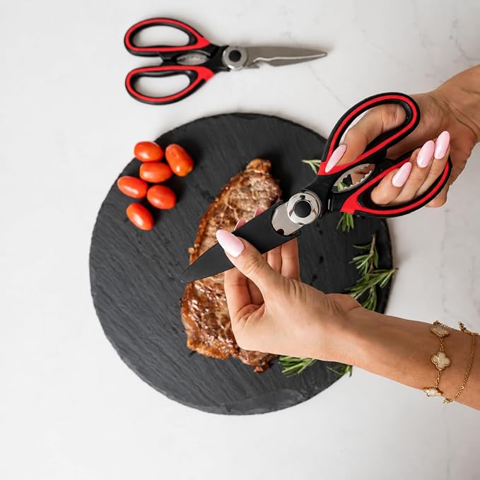 Heavy Duty Kitchen Shears With Sharpener - Lifetime Replacement Warranty* - Multipurpose Stainless Steel Scissors for Food - Sharp Food-Grade Kitchen Scissor for Meat, Seafood, Poultry - Set (Red)
