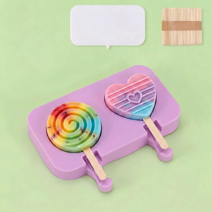 Cute Heart Popsicle Molds Silicone Lollipop Ice Pop Molds Homemade Popsicle Silicone Mold with 100pcs Popsicle Sticks Reusable Easy Release Ice Pop Maker (Heart B)