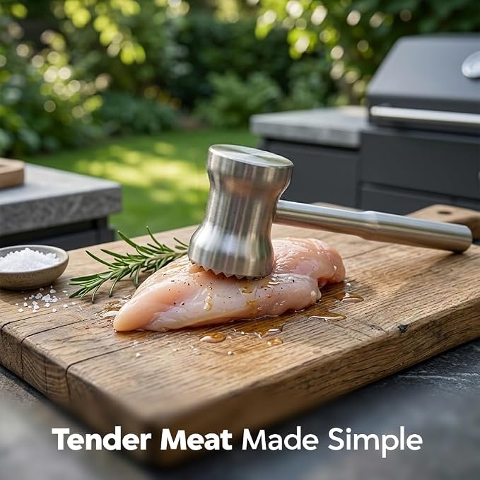 304 Stainless Steel Tenderizer Mallet Dual-Sided Hammer, Heavy Duty Pounder Tool for Steak, Beef & Chicken Cutlets, Textured Grip Kitchen Mallet, Dishwasher Safe Beater for Cooking