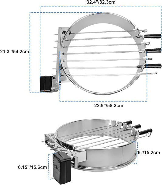 only fire Shish Kabob Set with Stainless Steel Ring, Automatic Skewers Turner for Weber 22" Kettle and Other Similar Kettle Grills