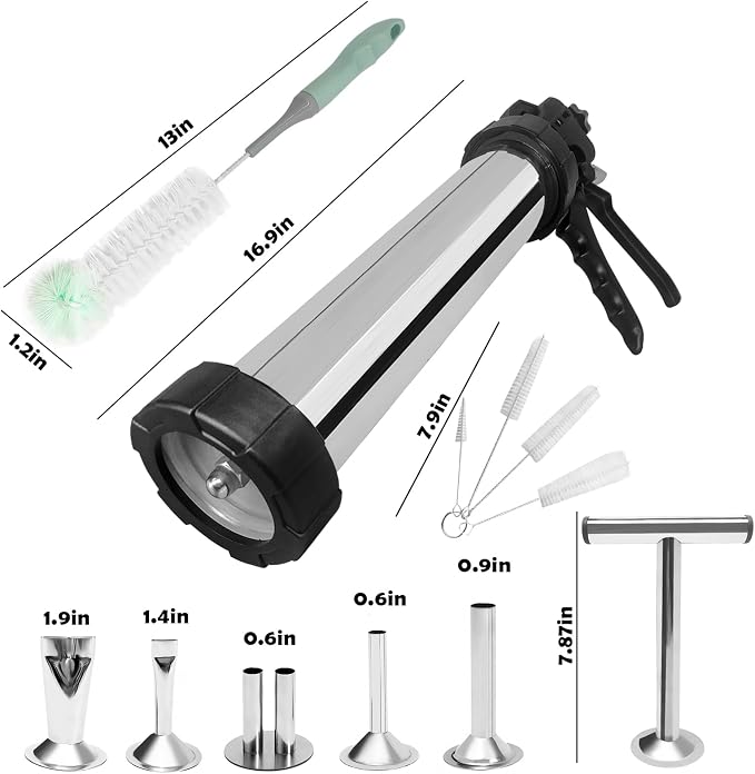 2 LB Stainless Steel Sausage Stuffer Kits,Beef Jerky Gun,Jerky Gun,Sausage Gun,Meat Gun for Ground Meat with 5 Nozzles,5 Cleaning Brushes and 1 Meat Pusher