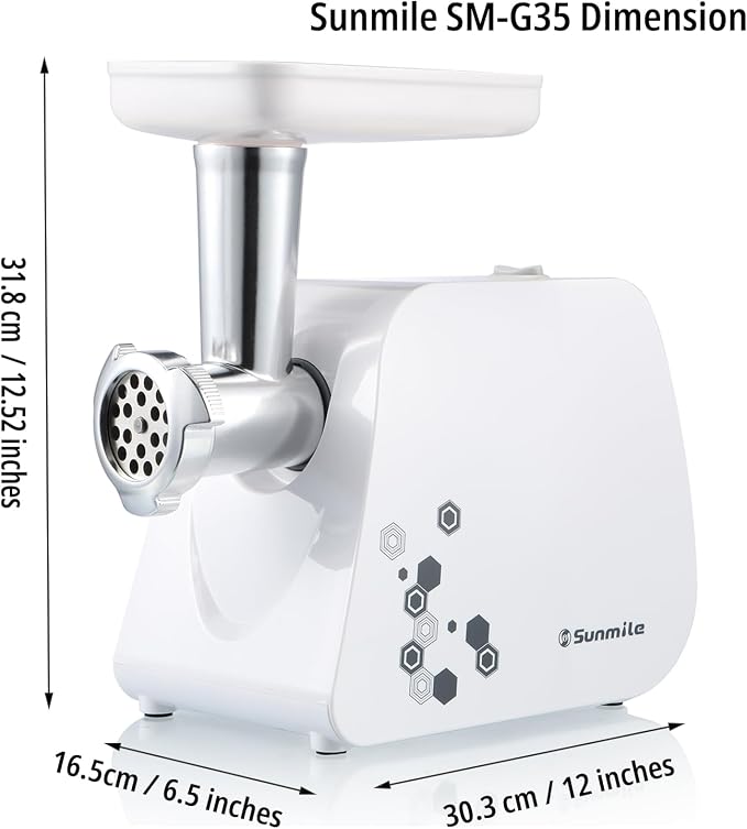 Sunmile Electric Meat Grinder and Sausage Maker - 1HP 1000W Max - Stainless Steel Cutting Blade and 3 Grinding Plates,1 Big Sausage Staff Maker, White