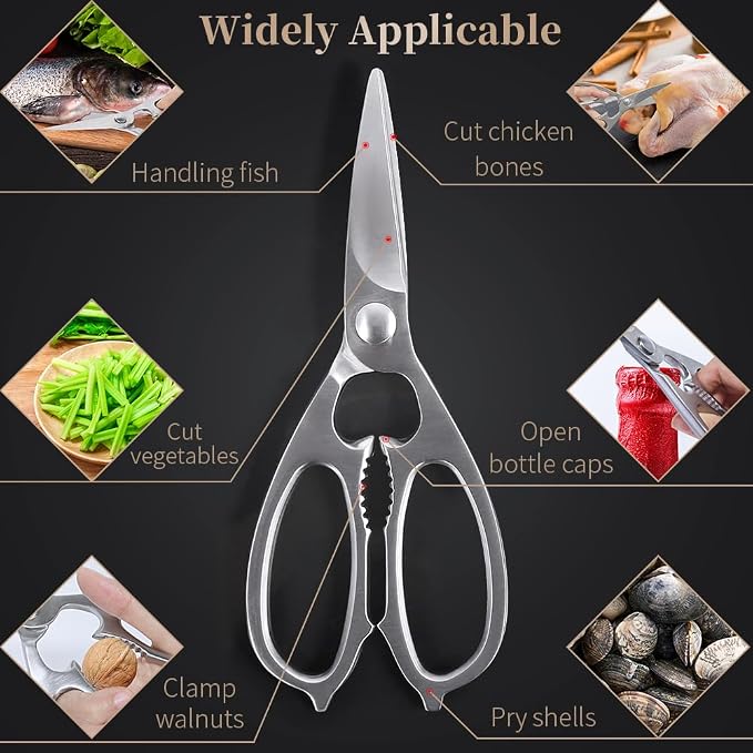 Newness Multi-Purpose Kitchen Scissors, Premium Stainless Steel Solid Kitchen Shears for Can Opener, Walnut Cracker, Heavy Duty Poultry Scissors with Sharp Blade for Cutting Turkey, Chicken, Bones