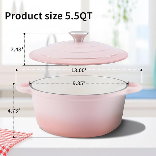 Enameled Cast Iron Dutch Oven Pot with Lid Heavy-Duty Cookware for Bread Baking, Braising, Stews, Roasting,5.5QT,pink
