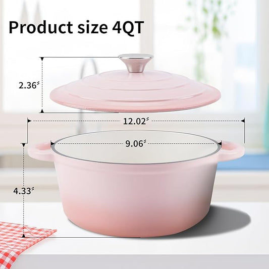 Enameled Cast Iron Dutch Oven Pot with Lid Heavy-Duty Cookware for Bread Baking, Braising, Stews, Roasting,4QT,pink