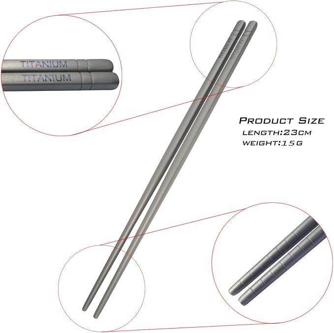 Titanium Chopsticks Ultralight 2 Pairs Square Standard Length Rice, Noodles and Sushi Reusable Cutlery Cookware (9 inches (23cm))