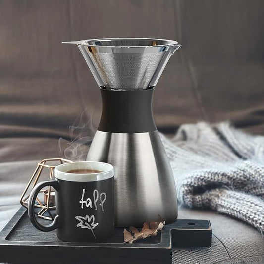 asobu Insulated Pour Over Coffee Maker (32 oz.) Double-Wall Vacuum, Stainless-Steel Filter and Take on the Go Carafe (Silver)