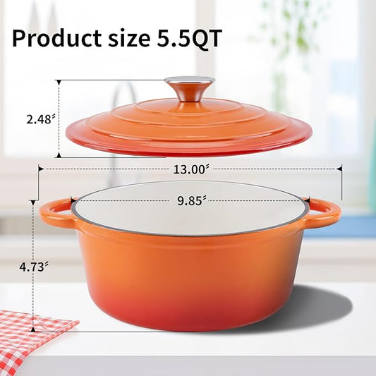 Enameled Cast Iron Dutch Oven Pot with Lid Heavy-Duty Cookware for Bread Baking, Braising, Stews, Roasting,5.5QT,orange