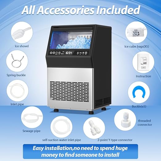 Commercial Ice Maker, 100LBS/24H Freestanding Ice Machine with Self-Priming Gallon Water& Facuet Water Inlet, Self-Cleaning, 3 Ice Thickness,16LBs Storage Bin for Home, Office,Garage, Bar, Restraunt