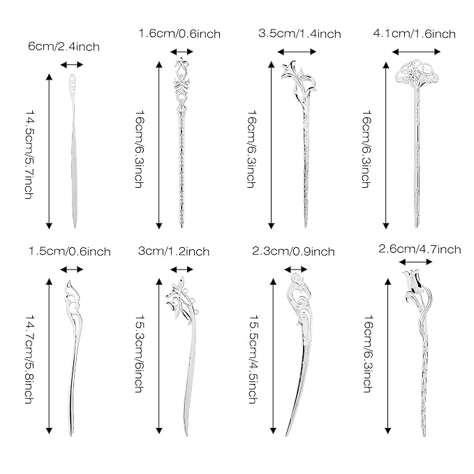 Lawie 14 Pack Vintage Retro Ancient Chinese Japanese Silver Metal Hair Sticks Pins Picks Long Straight Carved Horn Fork Pen Hairpins Chopstick Clip Barrettes Decorative Bun Hair Accessories for Women