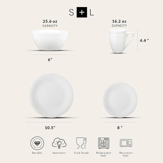 Stone lain Bone China Pinpoint Embossed 32 Piece Dinnerware Set, White