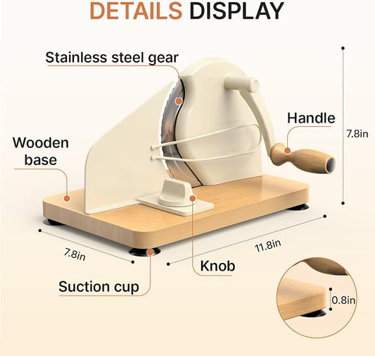 Manual Bread Slicer for Homemade Sourdough, Adjustable Thickness,Hand Crank Bread Cutter with Stainless Steel Blade Slicing Guide, Scale Line Suction Cups & Solid Wood Base