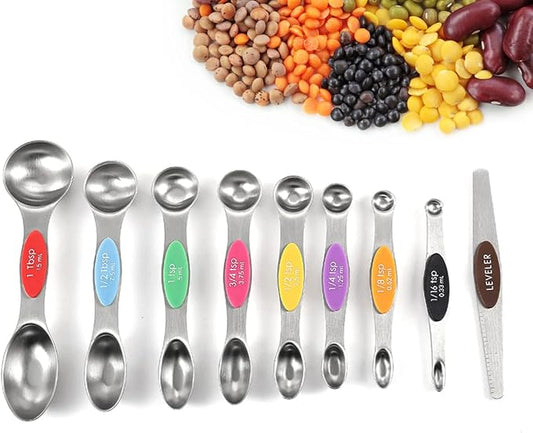 19-Piece Magnetic Measuring Cups and Spoons Set with Lid | BPA-free, dishwasher safe kitchen gadgets. Includes 1 lid, 9 nested cups & 9 magnetic spoons for liquid or dry food.