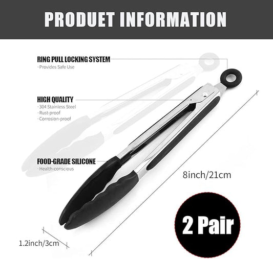 2 Pcs Mini Stainless Steel Food Tongs,7“Size Kitchen Tongs,Tongs for Cooking,Silicone BPA Free Non-Stick BBQ Cooking Grilling Locking (7 inches)