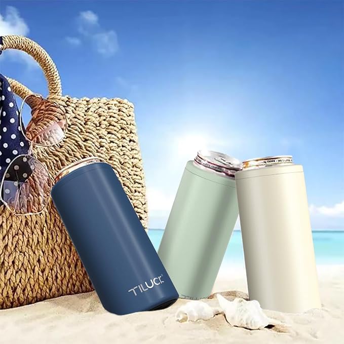 TILUCK Skinny Can Cooler, Stainless Steel Insulated Slim Cans, 12 oz | Beer & Hard Seltzer, Doucle-Walled Stainless Steel Insulated Slim Cans, Slim 12 oz(Frosted Navy)