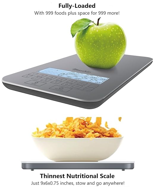 NutraTrackโข Food Scale with Nutrition Calculator, Standalone Calorie Scale for Meal Prep Weight Loss, 999 Pre-Loaded & 999 Custom Food Codes Compact Kitchen Scale Battery Operated 11lb Capacity Silver