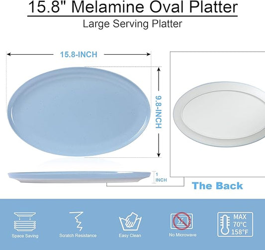 Webbylee 16" Melamine Oval Platter Set of 2- Lightweight Durable Serving Tray for Party, Catering & Home | Dishwasher Safe, Fits Turkey/Charcuterie-Blue & Beige