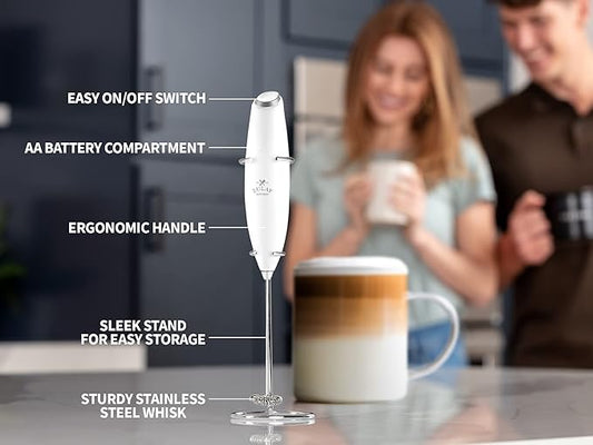 Zulay Kitchen Premium Gift Milk Frother Complete Set - Handheld Foam Maker, Stencils & Frother Set - Whisk Drink Mixer for Coffee - Mini Blender for Cappuccino, Frappe