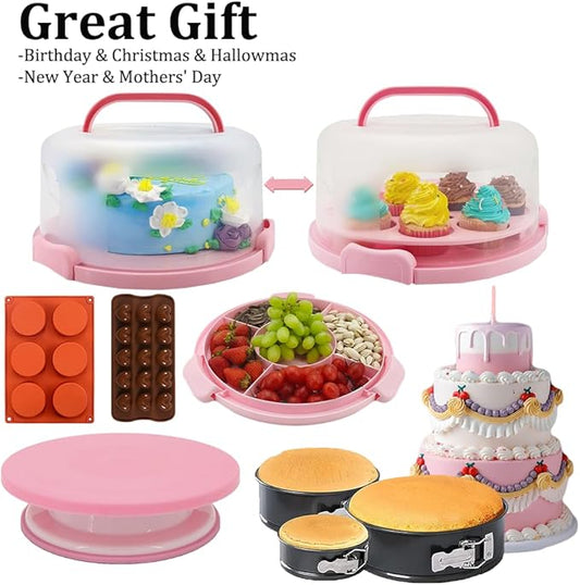Gawren-H&E Cake Decorating Supplies Kit, 678 PCS Cake Decorating Kit & Cake Baking Suppplies set with Cake Carrier,3 Springform Pans Set,Piping Bags and Tips Set,Chocolate Molds,Cake Stand for Baking