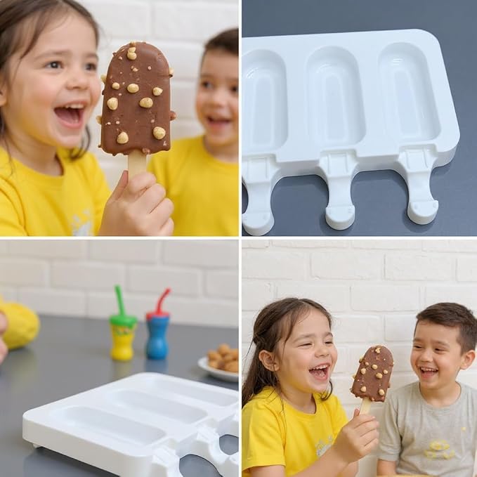 Popsicle Molds Set, 3 Silicone Ice Cream Bar Molds with 200 Wooden Sticks, Frozen Treats Molds Reusable, Non-stick, Easy to Use, Summer Treats, Kid Party, DIY Snacks