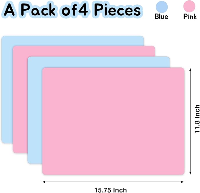 Small Silicone Craft Mats 11.8"x 15.75": Heat Resistant Non-Slip | 4 Pcs 2 Blue & 2 Pink Nonstick Silicone Sheet - Multipurpose Placemat for Jewelry Epoxy Resin Nail Art Hot Glue DIY Projects