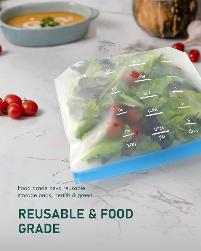 IDEATECH 12 Pack Reusable Food Storage Bags, Stand-Up Freezer Bags | Leakproof Stand-Up Bags, BPA-Free Food Grade, Dishwasher Safe, Fridge and Freezer Safe for Snacks, Product, Fruit & Meal Prep