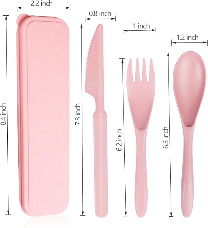YDYTOP Reusable Travel Utensils Set with Case, Pink Wheat Straw Portable Knife Fork Spoons Tableware, Eco-Friendly BPA Free Cutlery for Kids and Adults as Travel Picnic Camping Utensils