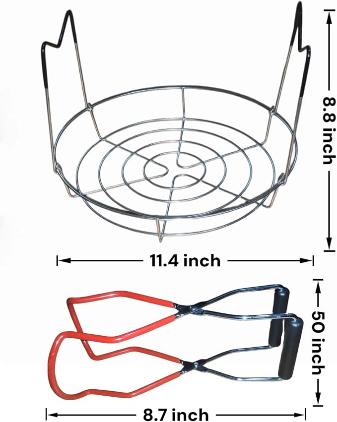 2PCS 12" Stainless Steel Canning Rack & Jar Lifter Tongs Set, Heat Resistant Handles Water Bath Canner Rack And Non-slip Jarring Kit for 6 Quart or 7 Pint Ball Jars in Pressure Canner Pot