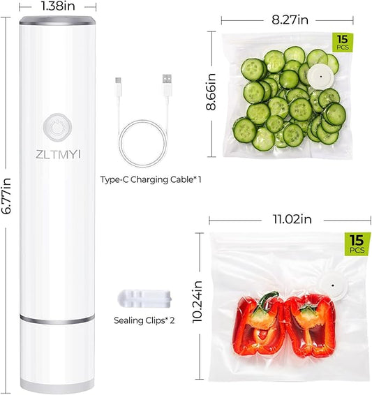 Handheld Vacuum Sealer for Food, Compact Portable Food Saver Pump with 30 BPA‑Free Reusable Vacuum Bags Type-C Rechargeable, Ideal for Sous Vide, Meal Prep, Leftovers & Freezer Storage