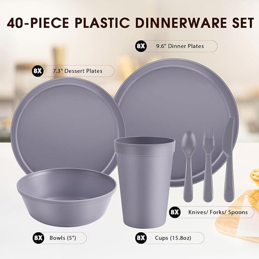 40 Piece Plastic Dinnerware Set for 8 with Cutlery, Unbreakable Plates and Bowls Set, Dishwasher & Microwave Safe Reusable Dish Set for Camping, RV, Outdoor Kitchen, Apartment Dining, Gray