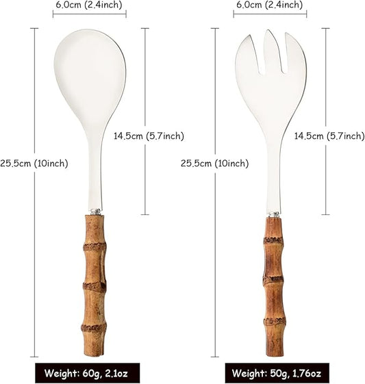 Serving Spoon and Fork Set, 304 Stainless Steel Serving Utensils with Natural Bamboo Handle, 10" Long Handle Serving Set for Kitchen Party Buffet, 4 Pieces / 2 of Each