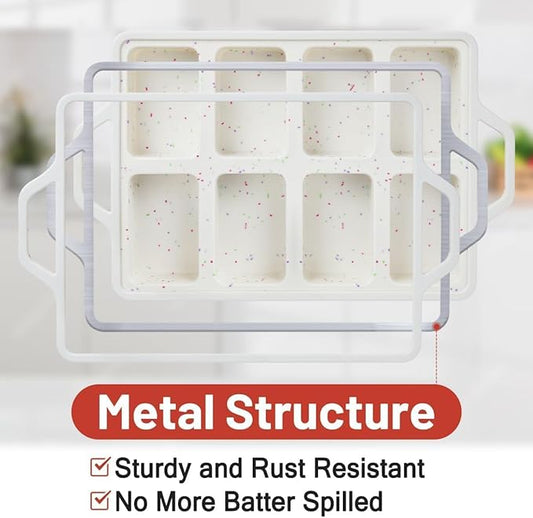 CAKETIME Mini Loaf Pans, Metal Reinforced Frame Silicone Bread Loaf Pans 8 Cavities Nonstick for Baking Cornbread, Mini Bread, Brownie, Cheesecake, Chocolate 2 Pack Confetti