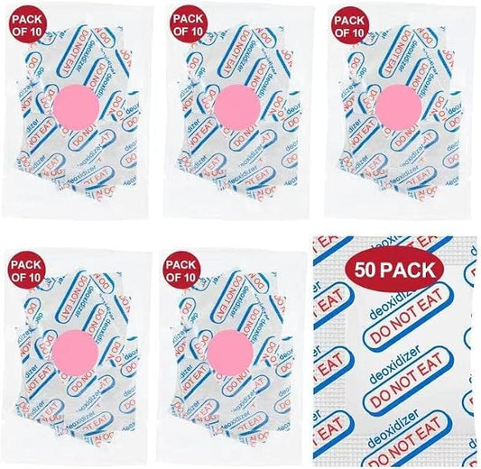 50 Packs 500CC Food Grade Oxygen Absorbers (10 Packs in Individual Vacuum Bag, 5X Packs of 10, Oxygen Absorbers For Long Term Food Storage, with Oxygen Indicator, for Mylar Bags, Mason Jars