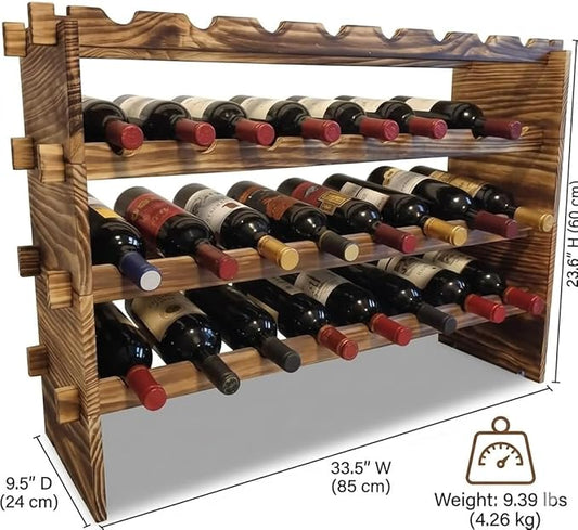 32-Bottle 4-Tier Stackable Wine Rack – Freestanding Carbonized Pine Organizer for Home Bar, Kitchen, Countertop, Modular DIY Design