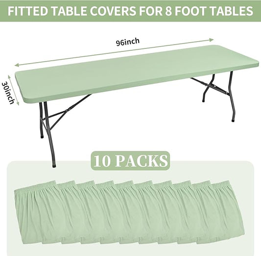 10 Pack Fitted Tablecloth for 8 Foot Rectangle Tables, Sage Green Elastic Outdoor Picnic Table Cover, Washable Stretch Folding Table Cloths 8 ft for Camping Party Patio Kitchen Banquet, 30" W x 96" L