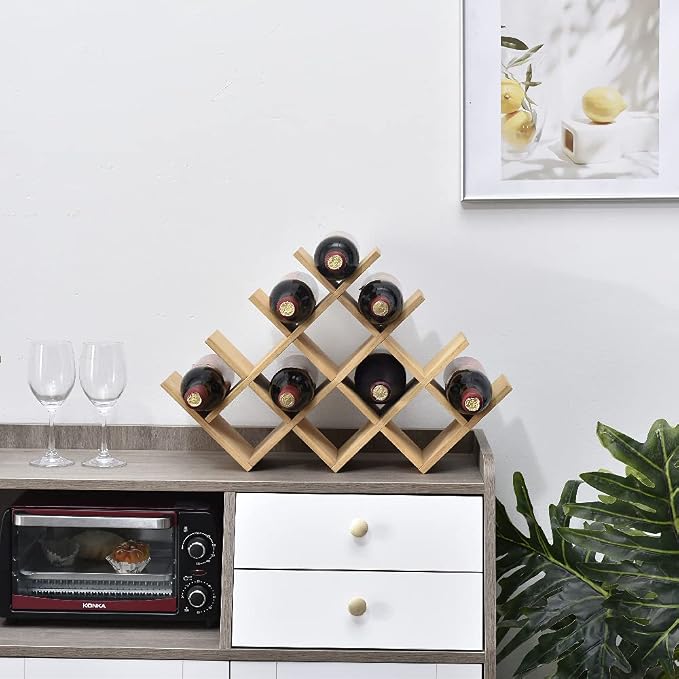 KIRIGEN Wood Wine Rack, 13-Bottle 4-Tier Countertop Holder, Natural, 4-NA | 22.28 x 5.9 x 13.9 In, Freestanding Wooden Rack Stores 13 Wine Bottles for Counters, Cabinets, Pantry Shelves, and Home Bars
