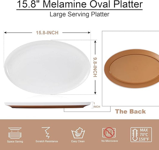 Webbylee 16" Melamine Oval Platter Set of 2 - Lightweight Durable Serving Tray for Party, Catering & Home | Dishwasher Safe, Fits Turkey/Charcuterie-White & Brown