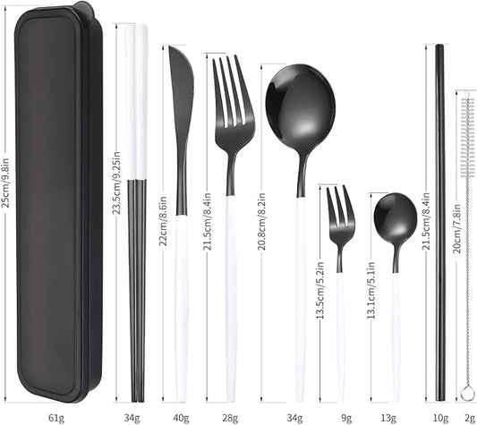 AARainbow 8 Pieces Stainless Steel Flatware Set Portable Reusable Cutlery Set Travel Utensils Set Including Chopsticks Knife Fork Spoon Straws Cleaning Brush Dishwasher Safe (White black)