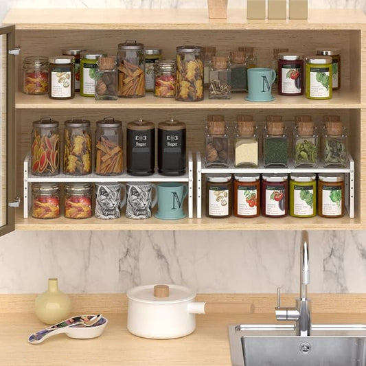 Expandable Counter Organizer Shelf (16.5'' to 27.2''), Countertop Organizer Kitchen Bathroom Pantry Cupboard Home Office for Cups, Dishes, Plates -White