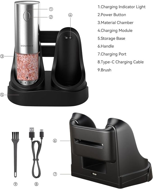 Electric Salt and Pepper Grinder Set - Automatic Refillable Salt and Pepper Grinders with Charging Base & LED Light, 6-Level Adjustable Coarseness with External Dial, Ideal Kitchen Gadget,Silver