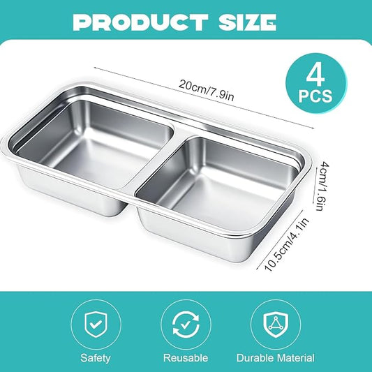 4Pcs 304 Stainless Steel Snack Containers, 2 Compartments Portable Food Storage Bento Boxes with Lids, Divided Meal Prep Lunch Box Food Container Dishwasher Safe