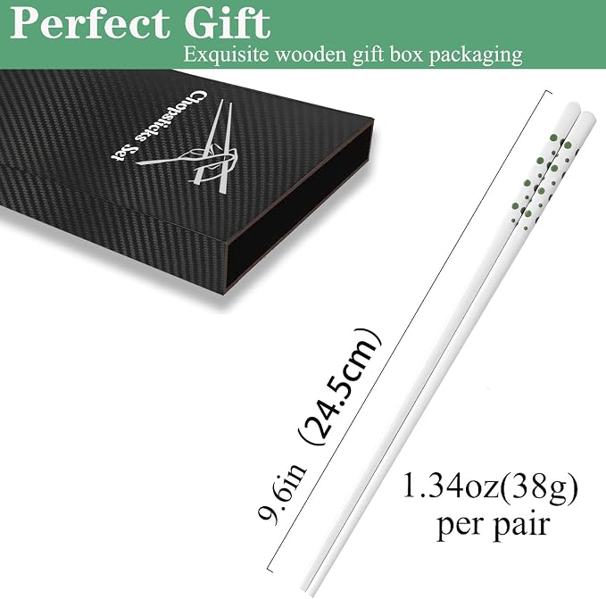 Ceramic Chopsticks Reusable 5 Pairs,Porcelain Chop Sticks,Green,9.7'' | Easy to Clean,Dishwasher Safe,Heat Resistant,with a Gift case,Cooking Chopsticks,High-grade Bone China Porcelain