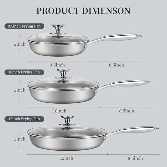 Innerwell 6 Piece Stainless Steel Frying Pan Set with Lids, Nonstick Honeycomb Frying Pan Set, 3pcs W/Stay Cool Handle, Skillet Works Pan for Cooking with Induction, Gas, Ceramic & Electric Stovetops