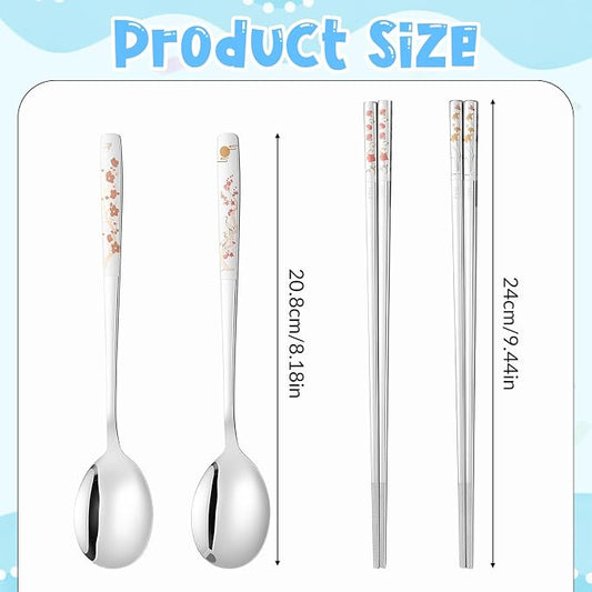 Korean Chopsticks and Spoon Set, Korean Long Handle Stainless Steel KoreanUtensil Sets Dishwasher Safe Metal KoreanDinnerware Set (Set of 2)