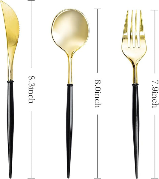 N9R Gold Plastic Cutlery Set - 90pcs with Black Handle - Fancy Plastic Silverware, Heavy Duty - 30 Spoons, 30 Forks, 30 Knives for Halloween and Everyday Use