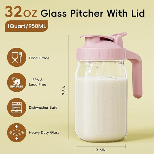 Breast Milk Pitcher Jug - 32 oz Glass Mason Jar Airtight Pitcher with Pour Spout Handle for Breastmilk, Iced Tea, Ice Drinks Storage Container(Pink)