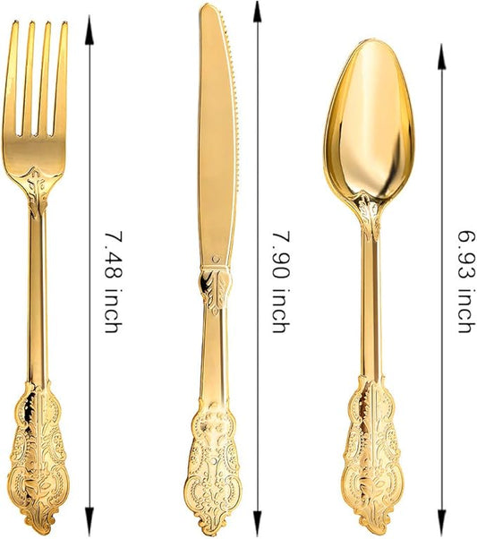 N9R 120PCS Gold Plastic Silverware, Disposable Silverware Include 40 Forks, 40 Spoons, 40 Knives, Gold Cutlery Set Disposable for Party, Wedding and Daily Use