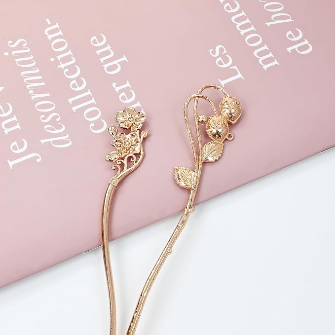 Lawie 10 Pack Gold Hair Sticks Flower Leaf Decorative Metal Long Hair Pins Bun Holders Chopsticks for Hair Chinese Hanfu Costume Retro Vintage Fancy Headpieces Accessories for Women Girls