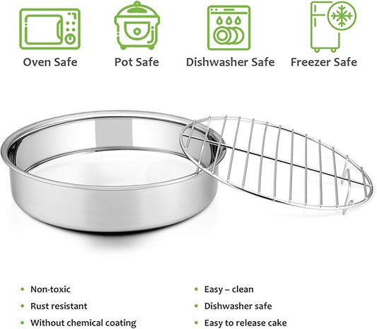E-far 8-inch Round Cake Pan with Rack Set, Stainless Steel Cake Pans Tins and Baking Cooling Racks, Non Toxic & Healthy, Mirror Polished & Dishwasher Safe - 4 Pieces (2 Pans + 2 Racks)